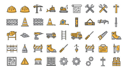 Construction tools icons set with safety helmets, building equipment, construction machinery, blueprint plans, hand tools, safety boots and construction signs vector