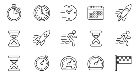 Speed and time line icon set. Fast performance concept. Rocket launch, running man, stopwatch, timer, clock, calendar, deadline, finish. Boost productivity. Vector for efficiency.