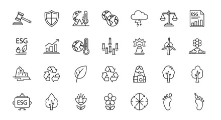 ESG icon set. Environmental, social, and governance concepts. Sustainability, ecology, recycling, green energy, climate change, and corporate responsibility. Thin line vector symbols.