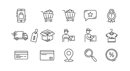 E-commerce online shopping icons set with delivery, payment methods, discount, package, shopping cart, and customer service symbols, digital marketing and retail concept vector