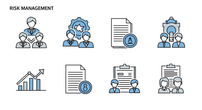 Risk management business concept icon set with team leadership, strategy, document review, process optimization, data growth, and collaboration symbols for corporate planning and analysis