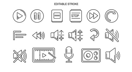 Multimedia Control Icons Set. Play, Pause, Stop, Forward, Rewind, Volume Adjust, Mute, Microphone, Speaker, Sound Management, Audio Control Symbols with Editable Stroke for Media Interface Design