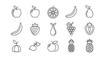 Fruit icon set. Thin line art vector collection of fresh fruits. Apple, banana, strawberry, orange, pear, grapes, pineapple. Healthy food, diet, nutrition symbols.