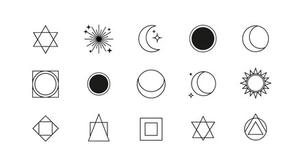 Minimalist geometric and celestial vector icons set with sacred star shapes, sun, moon phases, cosmic bursts, and basic polygonal designs for spiritual, mystical, and abstract themes