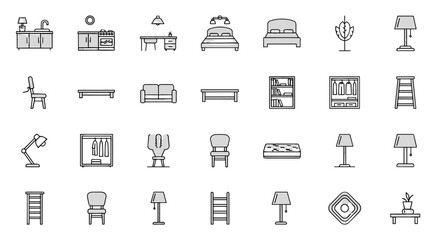 Set of minimalistic home furniture vector icons with kitchen, bedroom, living room, office, and decor elements for interior design, modern household essentials vector graphics