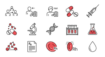 Medical laboratory vector icons set with DNA helix, microscope, test tubes, pills, syringe, molecular structure, prescription, blood types, and drop blood test concept for healthcare and science