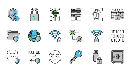 Cybersecurity icons set with shield protection lock, firewall, fingerprint authentication, data encryption, network security, hacker mask, USB lock, key and safe, digital privacy concepts