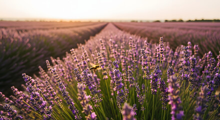 Obraz premium Bee Flying Over a Beautiful Lavender Field at Sunset.