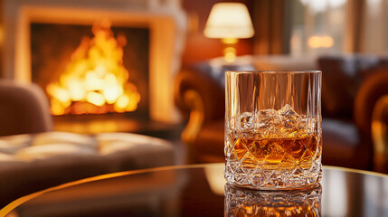 A glass of whiskey and ice on the table. In the background, a fireplace with a bright fire creates a cozy atmosphere.