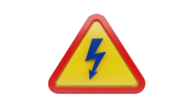 Isolated high voltage sign, yellow triangle with red border, blue lightning symbol inside