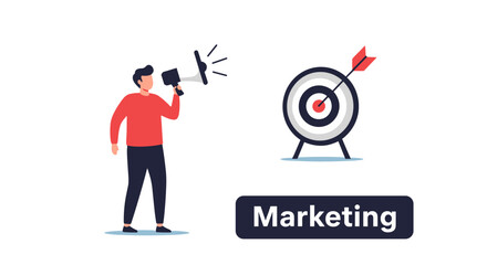 Marketing concept illustration with man using megaphone and target board with arrow hitting bullseye, business promotion, advertising, goal achievement, communication strategy