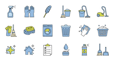 Cleaning service icon set. Housekeeping symbols. Household chores signs. Domestic cleaning tools, laundry, washing, dusting equipment. Mop, vacuum, bucket, spray vector.