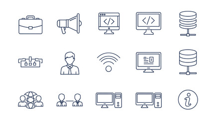 Business technology vector icons set with coding, database, networking, user profile, communication, and computer desktop desktop computer with server connections concept