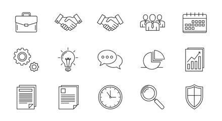 Business line icon set for corporate identity and finance. Vector symbols for partnership, teamwork, idea, growth, analysis, and security. Thin line pictograms for web design.