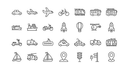 Transport icon set. Line collection of vehicle symbols. Car, airplane, bus, train, ship, bike. Public transport. Outline graphic for web, mobile app. Vector illustration.