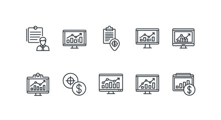 Set of business and finance line icons. Data analytics, financial report, investment strategy, marketing goal, performance metrics, statistics chart, business growth, money.