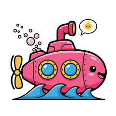 Cute pink cartoon submarine with a smiling sun in a speech bubble isolated on white background