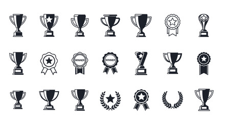 Trophy and award icons set. Winner prize collection. Champion cup, medal, laurel wreath. Victory, success, and achievement symbol. Black glyph silhouette vector illustration.