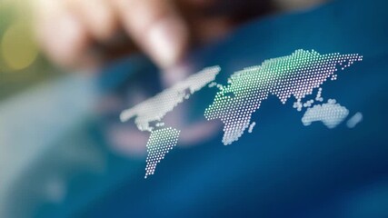 Digital World Connectivity: A digital world map representing global connectivity appears on a touch screen with a finger. This image symbolizes modern connection and innovation. - Powered by Adobe