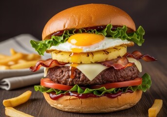 Hawaiian Burger with Bacon, Pineapple, Fried Egg, and Fresh Vegetables