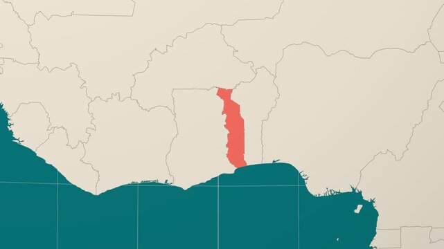 Togo map. Animated zoom into the country on the Globe in Teal Pale Mint color palette. Country logo animation. Map with meridians, parallels. Captivating video.