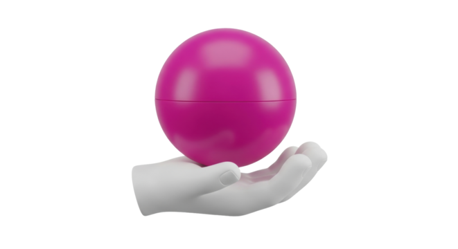 Isolated pink sphere being held by abstract hand, modern art, cosmetics, bright color