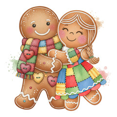 Two gingerbread cookies, one male and one female, share a sweet embrace, radiating holiday cheer and festive spirit with watercolor art style. 
