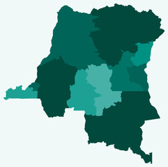 Map of Democratic Republic of the Congo with regions. Just a simple country border map with region division. Teal color palette.