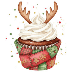 A whimsical Christmas cupcake with an elegant design, with soft frosting and adorned with festive decorations for a delightful and heartwarming holiday treat.