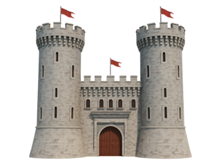 Majestic medieval stone castle with two imposing towers and red flags flying proudly against a dark background