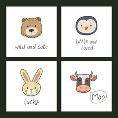 Cute animals set: bear, penguin, rabbit and cow heads. Vector hand drawn illustration in cartoon style.