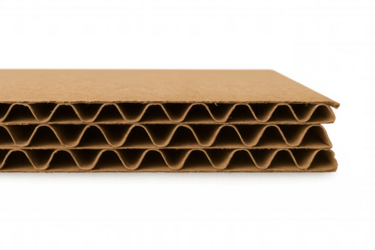 Corrugated cardboard brown paper texture with multiple layers, recycled packaging material on transparent background