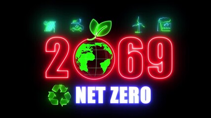 2069 Net Zero Emissions Neon Sign Animation: Climate Change, Carbon Neutral, Green Energy, and Sustainable Development Concept on Transparent Background