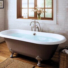 a classic-style bathtub with elegant metal legs, filled with warm water, ready for use. Surrounding it is a wooden floor, creating a warm and natural feel