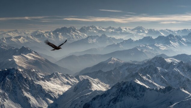 Majestic eagle soaring over snow capped mountain peaks in a vast landscape