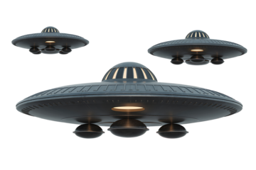 Three distinct flying saucer shaped unidentified flying objects hover in the darkness against a black background
