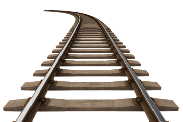 A dramatic low angle perspective of weathered wooden railroad tracks curving upwards into the darkness against a stark black background