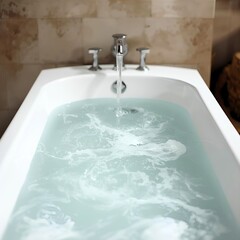 From the gleaming metal faucet, flows clear hot water ready to pamper your tired body.