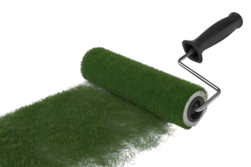 A green paint roller applies a textured grassy surface onto a dark background creating a unique visual effect