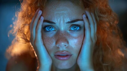 Freckled woman with curly hair looks distressed while holding her head in a dimly lit environment at night - Powered by Adobe