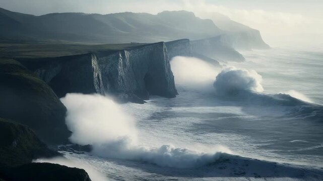 Misty coastal cliffs pounded by powerful ocean waves under an ethereal, soft sky