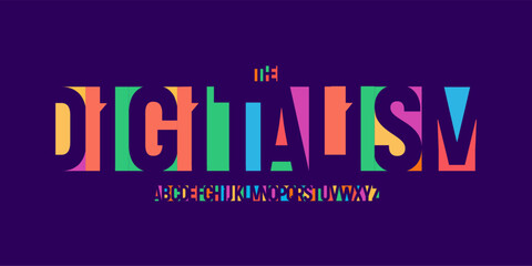 Geometric colorful alphabet, negative space cutout sans serif lettering, origami font for tech logo, catchy headline, modern corporate branding, bright colour digital typography, vector typeset.