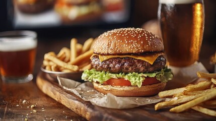 Delicious cheeseburger served with crispy fries and refreshing beer in a cozy restaurant setting