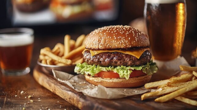 Delicious cheeseburger served with crispy fries and refreshing beer in a cozy restaurant setting - Powered by Adobe