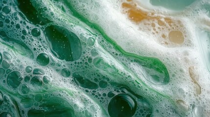 Colorful abstract liquid texture with bubbles floating in a mixture of green and cream tones creating a mesmerizing visual effect in a close-up view