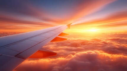 Obraz premium As the sun sets, a breathtaking golden glow envelops the sky, illuminating the clouds below. The airplane wing extends into this captivating scene, offering a serene perspective during flight
