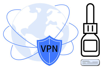 Earth globe with VPN shield symbolizing secure browsing and server anonymity, paired with a digital security key. Ideal for cybersecurity, data privacy, encryption, internet access, safety, virtual