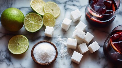 Flat lay of sangria ingredients with sugar cubes, marble countertop