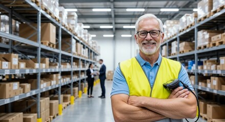 Experienced warehouse manager overseeing inventory and operations in a busy distribution center during work hours
