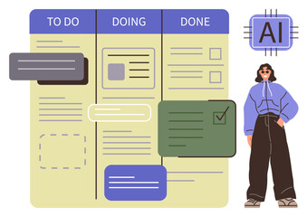 Kanban board labeled To Do, Doing, and Done, tasks represented as cards, AI chip graphic, relaxed person in casual wear. Ideal for productivity, project management, teamwork AI application time © robu_s